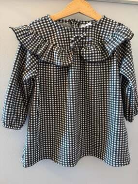 Zara Girls Black and White Gingham Plaid Ruffle Long Sleeve Dress